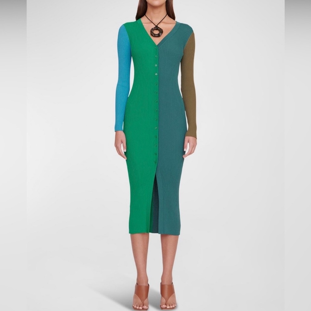 STAUD Shoko Green Asymmetrical Long Sleeve Bodycon Dress Medium